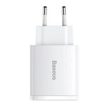 Baseus Compact Quick Charger, 2xUSB, USB-C, PD, 3A, 30W (White)